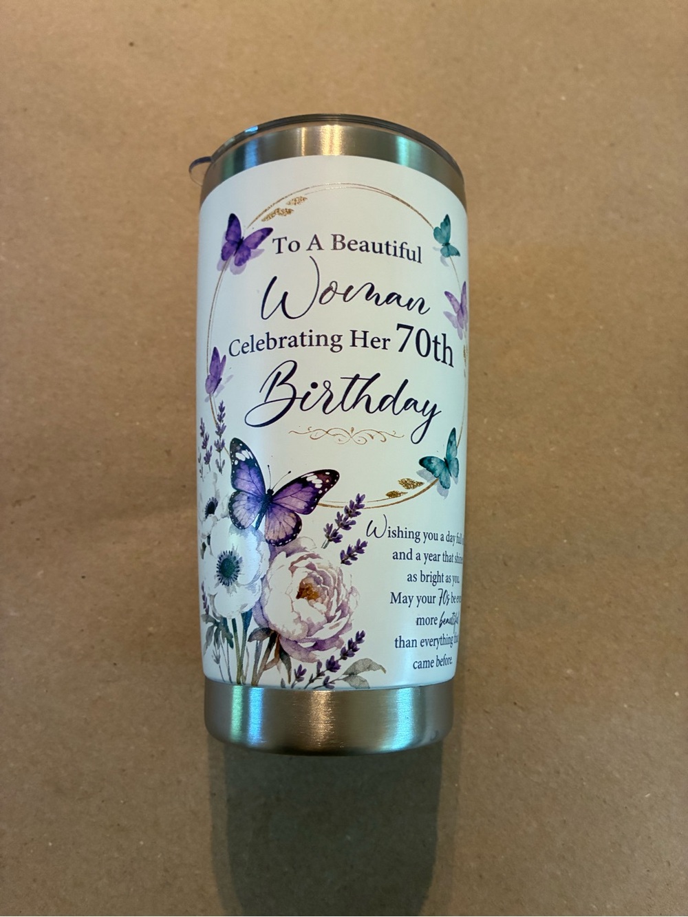70th Birthday Woman Floral Travel Tumbler - Purple Butterfly Design